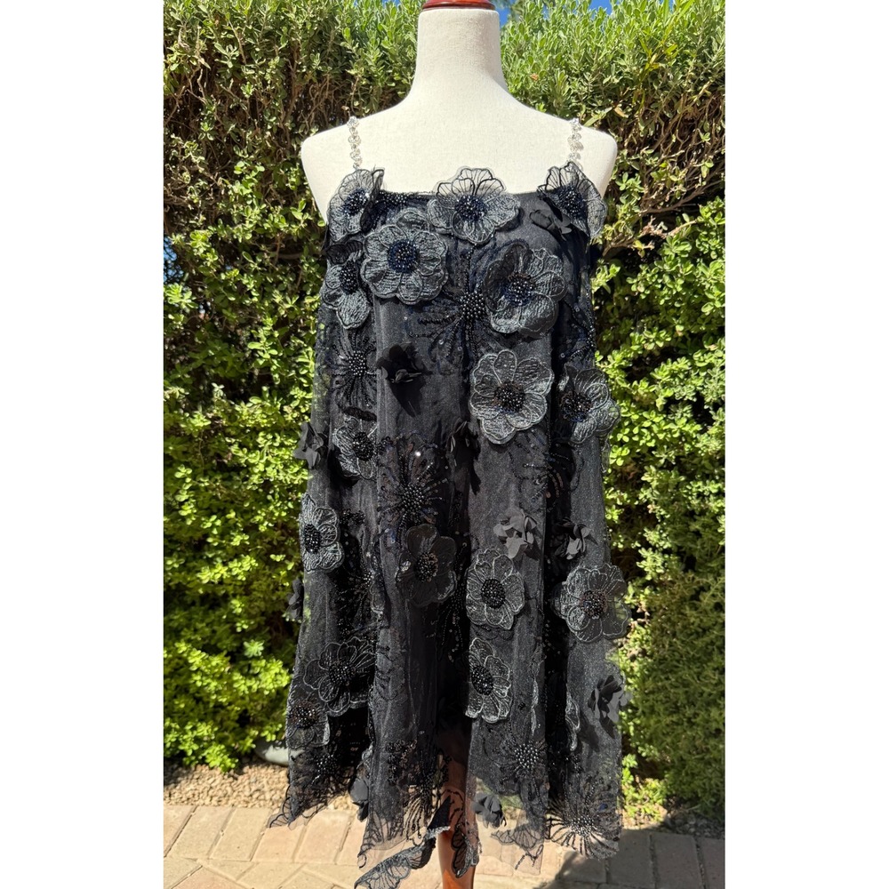 NWT Miss Rosier Black Floral Applique Rhinestone Strap Mini Dress Large Babydoll